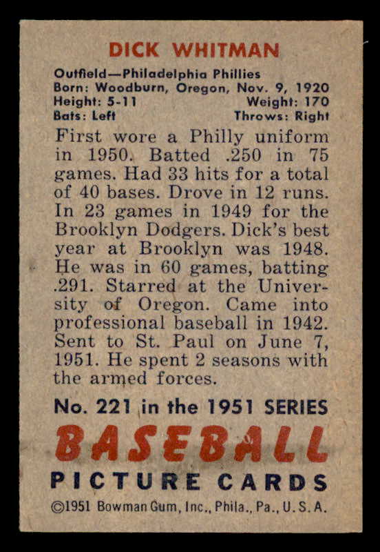 1951 Bowman Baseball #221 Dick Whitman Phillies EX-MT 557049