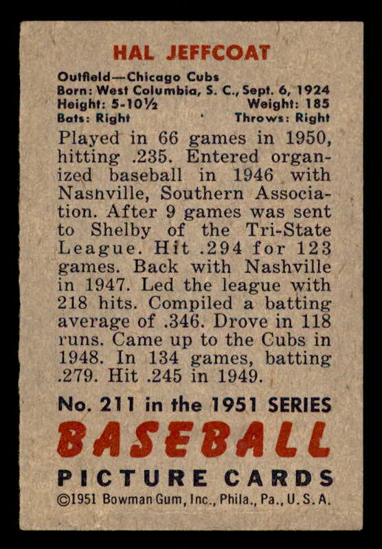 1951 Bowman Baseball #211 Hal Jeffcoat Cubs EX-MT 557053