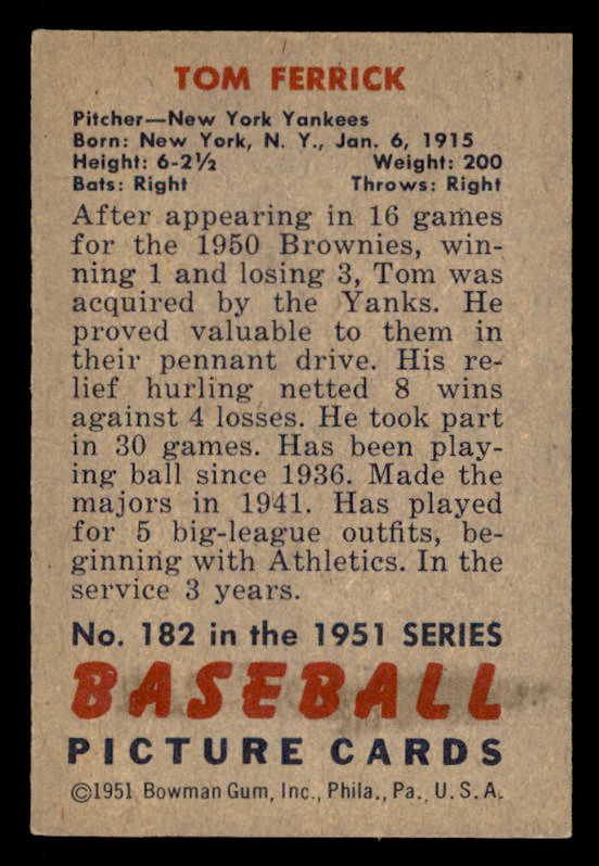 1951 Bowman Baseball #182 Tom Ferrick Yankees EX-MT 557058