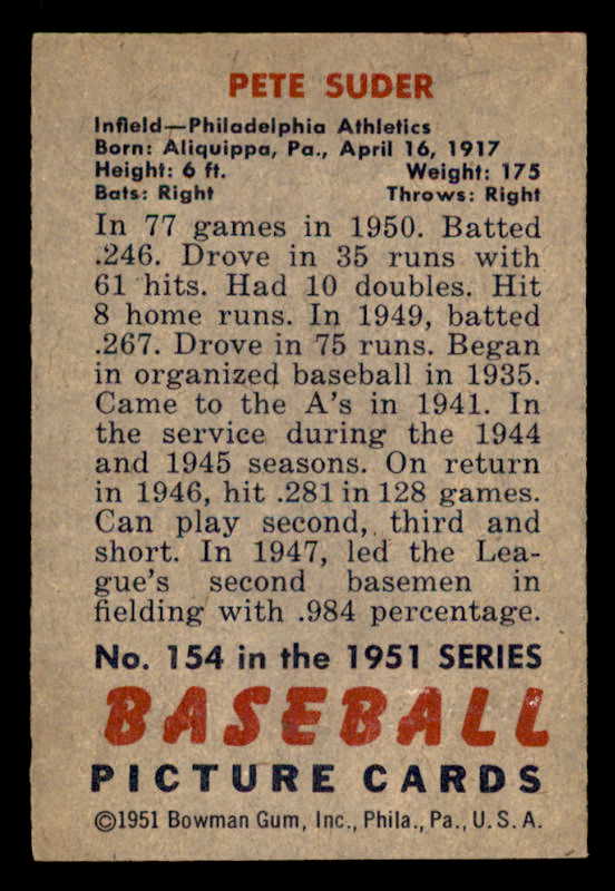 1951 Bowman Baseball #154 Pete Suder A's EX-MT 557060
