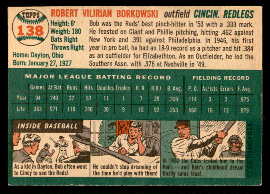 1954 Topps Baseball #138 Bob Borkowski Reds EX-MT 557069