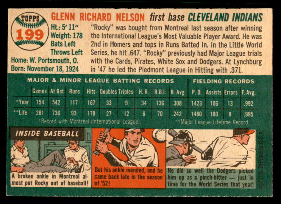 1954 Topps Baseball #199 Rocky Nelson Indians EX-MT 557074