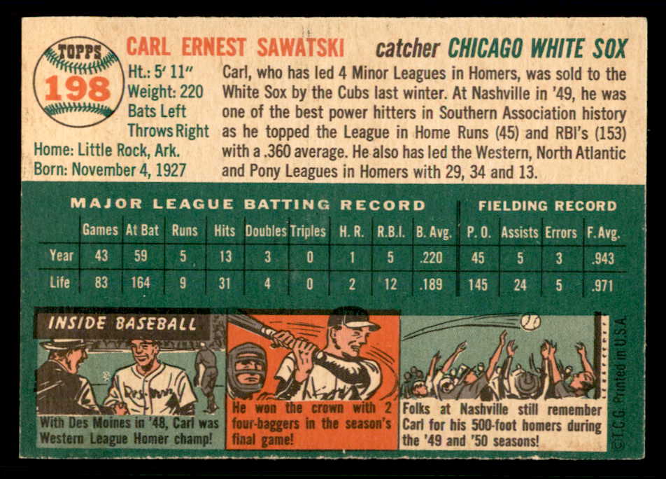 1954 Topps Baseball #198 Carl Sawatski White Sox EX-MT 557075