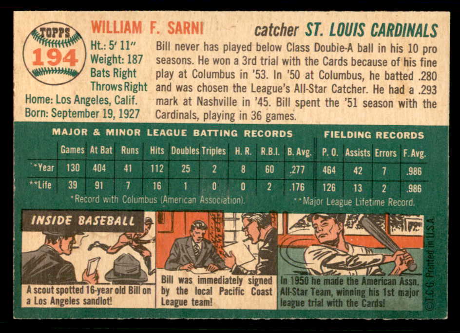 1954 Topps Baseball #194 Bill Sarni Cardinals EX-MT 557078