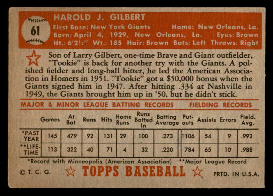 1952 Topps Baseball #061 Tookie Gilbert Giants VG-EX Red 557108