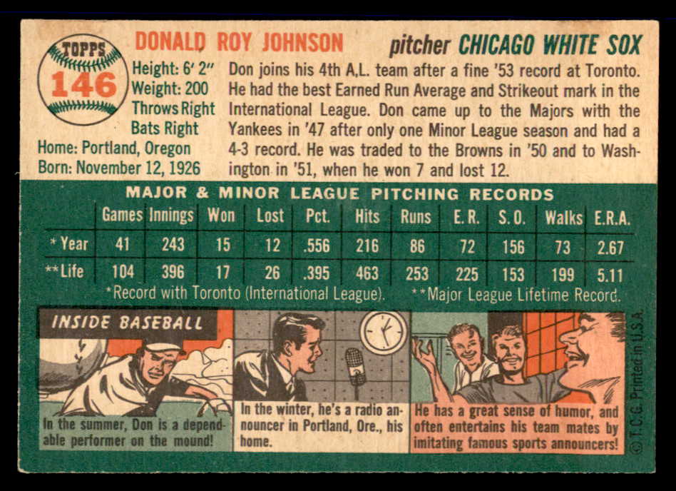 1954 Topps Baseball #146 Don Johnson White Sox EX-MT 557113