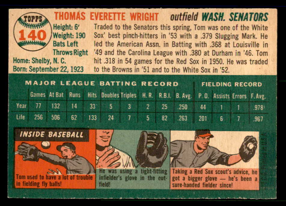1954 Topps Baseball #140 Tom Wright Senators EX-MT 557118