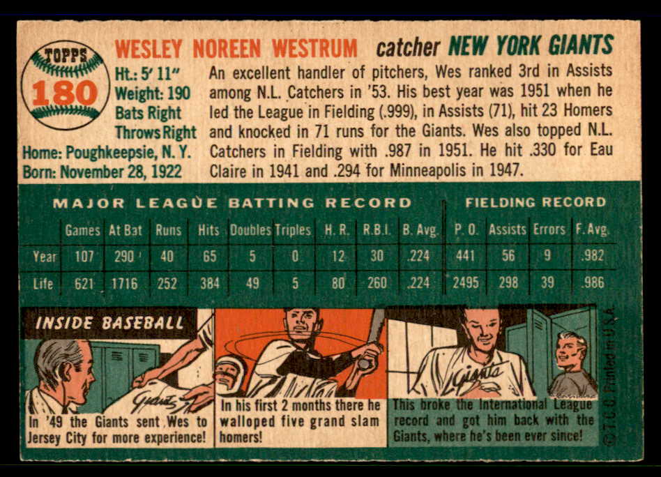 1954 Topps Baseball #180 Wes Westrum Giants EX-MT 557126