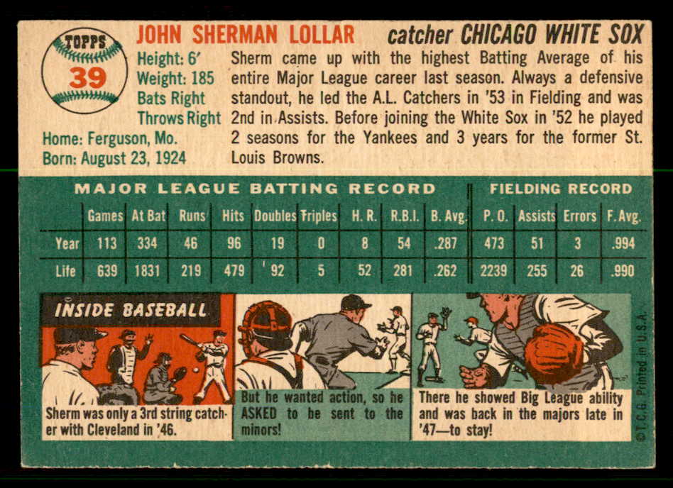 1954 Topps Baseball #039 Sherm Lollar White Sox EX-MT 557131