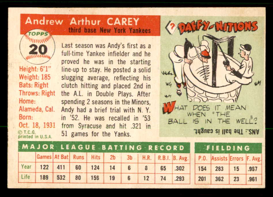1955 Topps Baseball #020 Andy Carey Yankees EX-MT 557137