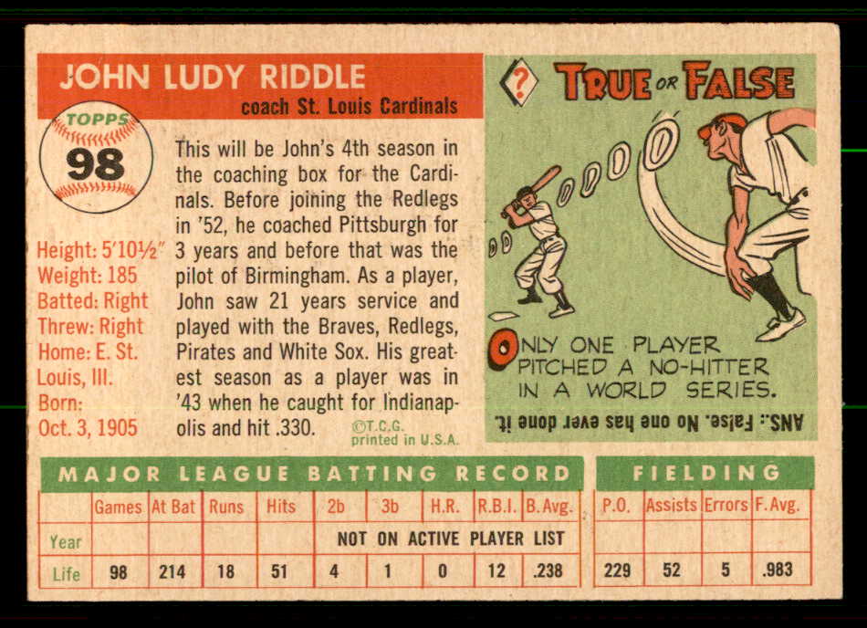 1955 Topps Baseball #098 Johnny Riddle Cardinals EX-MT 557139