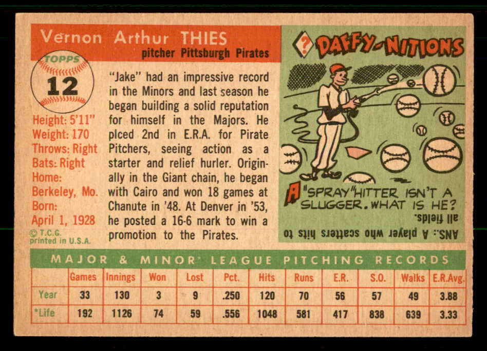 1955 Topps Baseball #012 Jake Thies Pirates EX-MT 557160