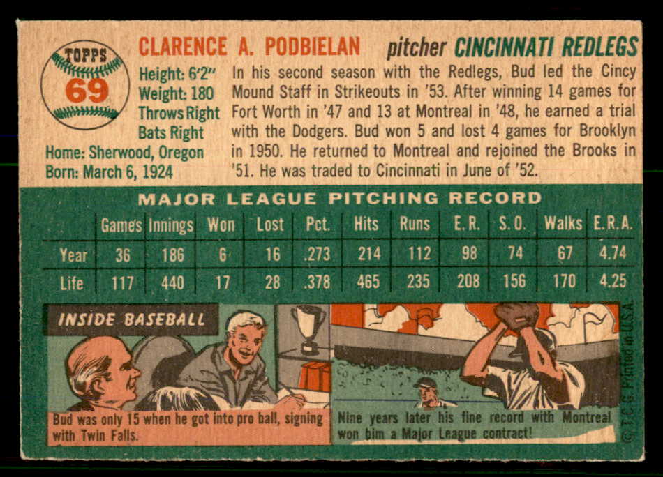 1954 Topps Baseball #069 Bud Podbielan Reds EX-MT 557163