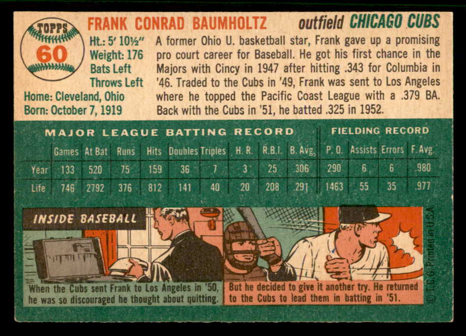 1954 Topps Baseball #060 Frank Baumholtz Cubs EX-MT 557166