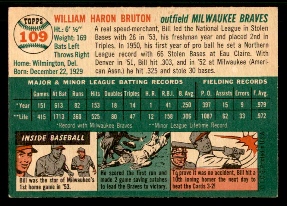 1954 Topps Baseball #109 Bill Bruton Braves EX-MT 557183