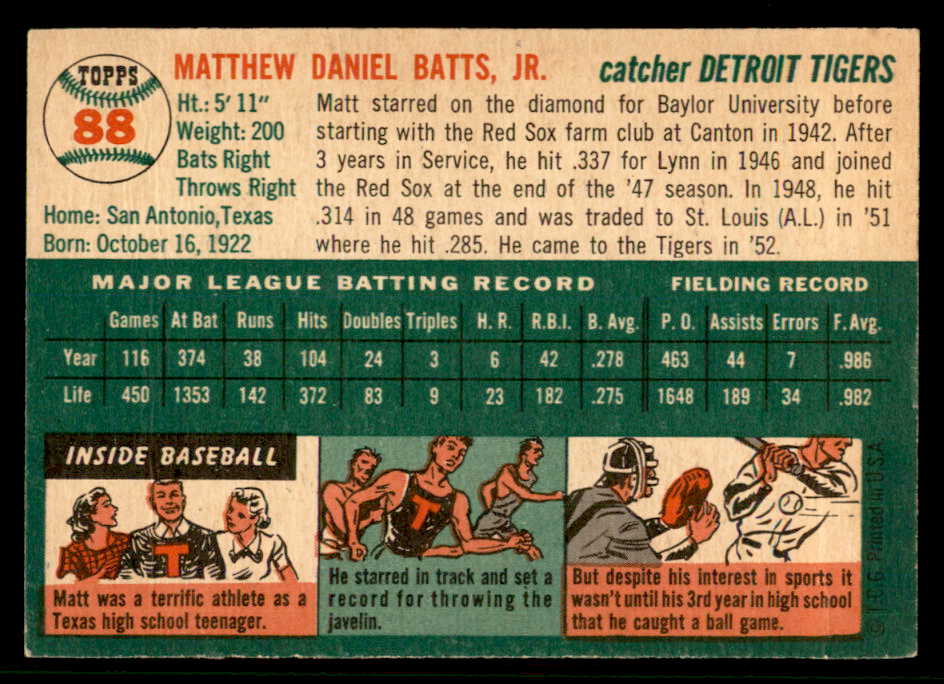 1954 Topps Baseball #088 Matt Batts Tigers EX-MT 557191