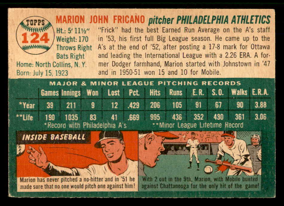 1954 Topps Baseball #124 Marion Fricano A's EX-MT 557197