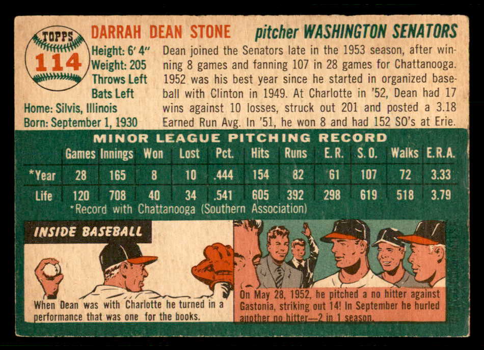 1954 Topps Baseball #114 Dean Stone Senators EX-MT 557204