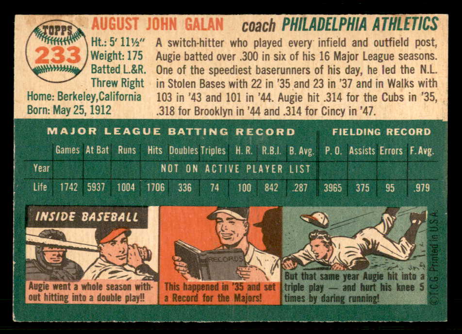 1954 Topps Baseball #233 Augie Galan A's EX-MT 557207