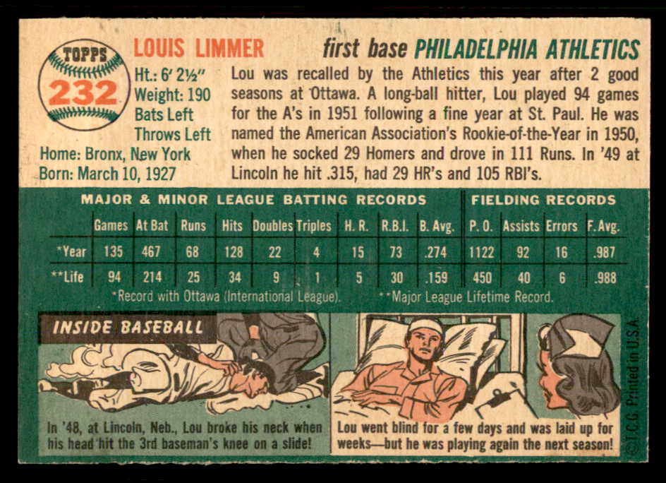 1954 Topps Baseball #232 Lou Limmer A's EX-MT 557208