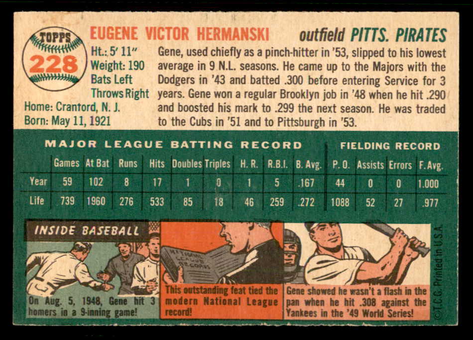 1954 Topps Baseball #228 Gene Hermanski Pirates EX-MT 557212