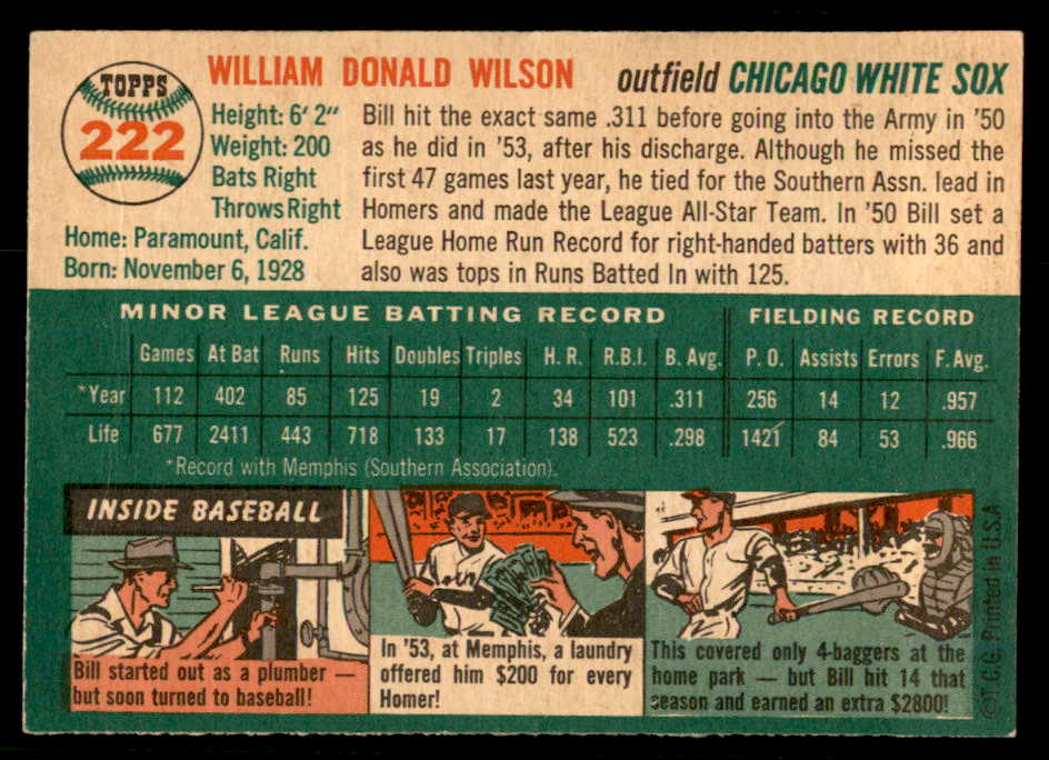 1954 Topps Baseball #222 Bill Wilson White Sox EX-MT 557216