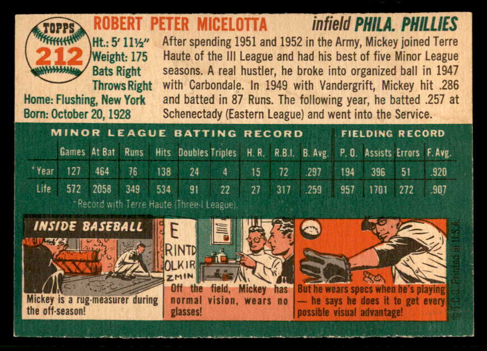 1954 Topps Baseball #212 Mickey Micelotta Phillies EX-MT 557225