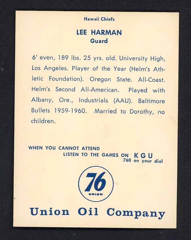 1961 Union Oil Lee Harman Hawaii Chiefs EX-MT 557259