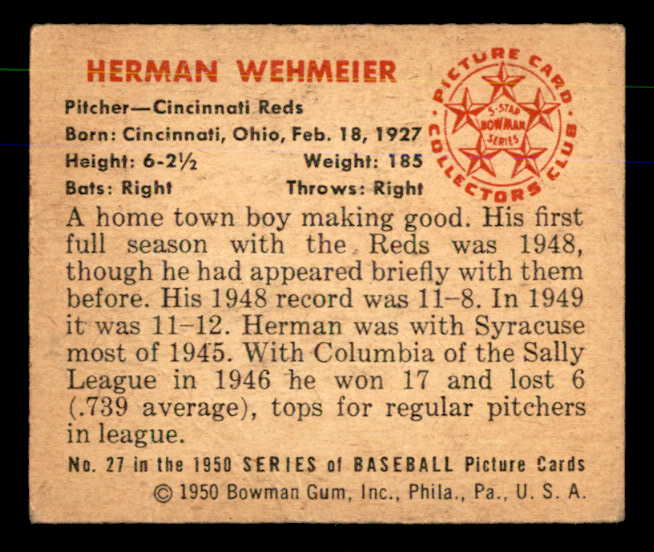 1950 Bowman Baseball #027 Herman Wehmeier Reds EX-MT 557275