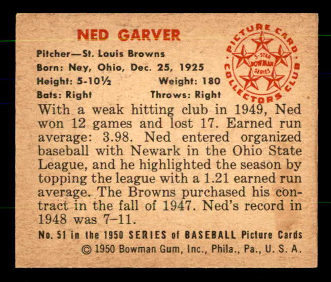 1950 Bowman Baseball #051 Ned Garver Browns EX+/EX-MT 557287