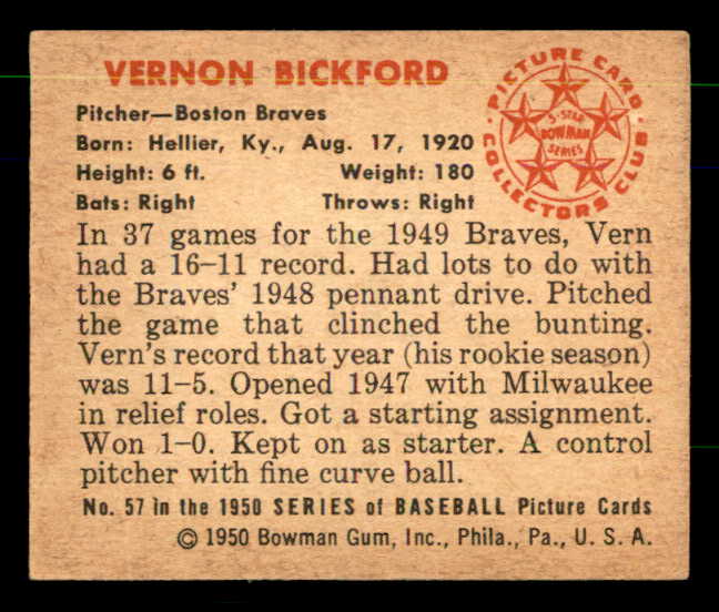 1950 Bowman Baseball #057 Vern Bickford Braves EX-MT 557293