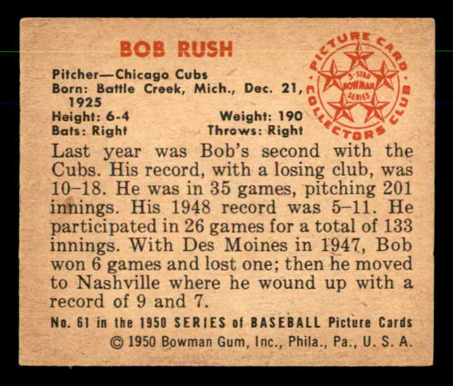 1950 Bowman Baseball #061 Bob Rush Cubs EX-MT 557295