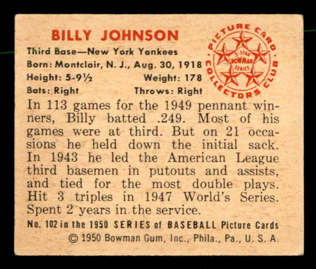 1950 Bowman Baseball #102 Billy Johnson Yankees EX-MT 557304