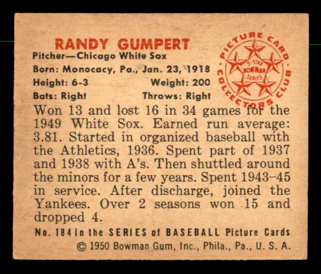 1950 Bowman Baseball #184 Randy Gumpert White Sox EX-MT 557338