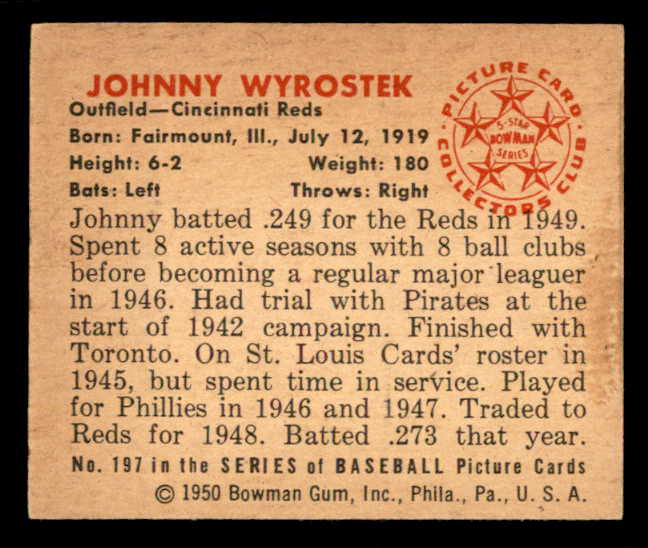 1950 Bowman Baseball #197 Johnny Wyrostek Reds EX-MT 557347