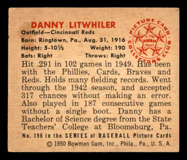 1950 Bowman Baseball #198 Danny Litwhiler Reds EX-MT 557348
