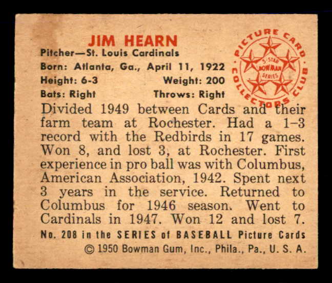 1950 Bowman Baseball #208 Jim Hearn Cardinals EX-MT 557356