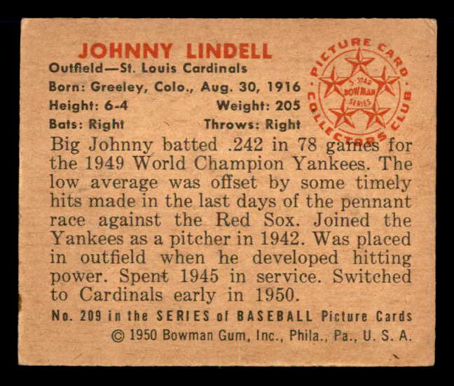 1950 Bowman Baseball #209 Johnny Lindell Cardinals EX-MT 557357