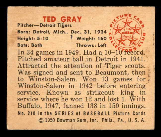 1950 Bowman Baseball #210 Ted Gray Tigers EX-MT 557358