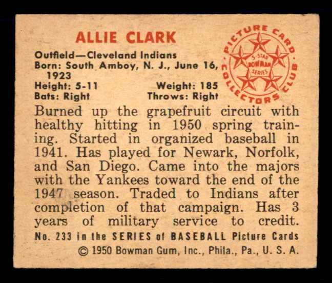 1950 Bowman Baseball #233 Allie Clark Indians EX-MT 557368