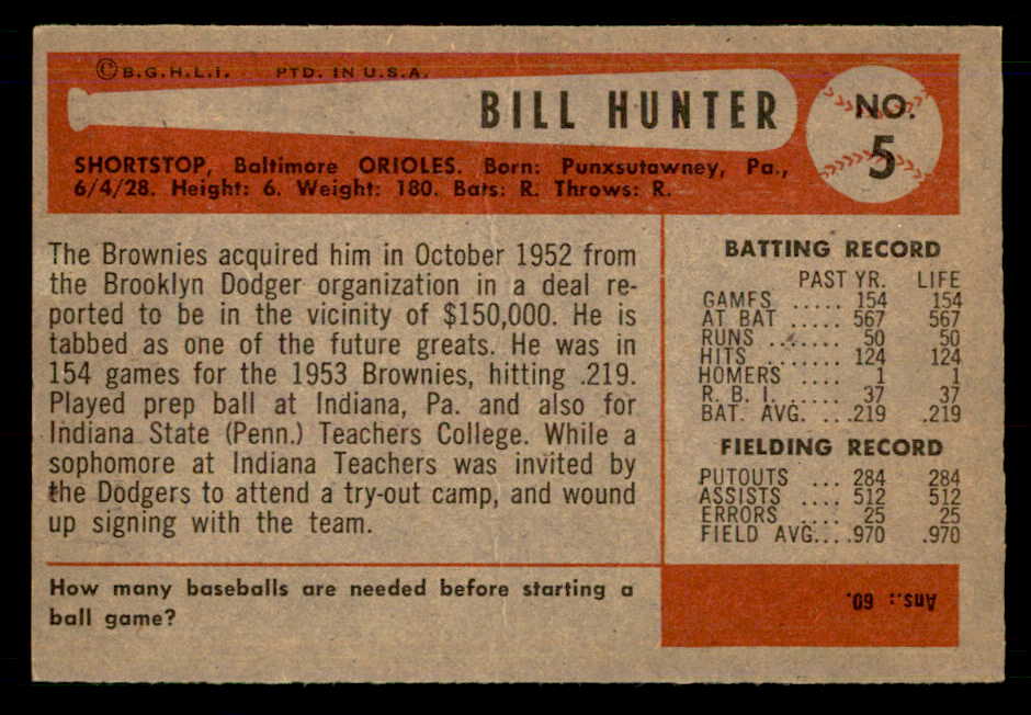 1954 Bowman Baseball #005 Billy Hunter Orioles EX-MT 557384