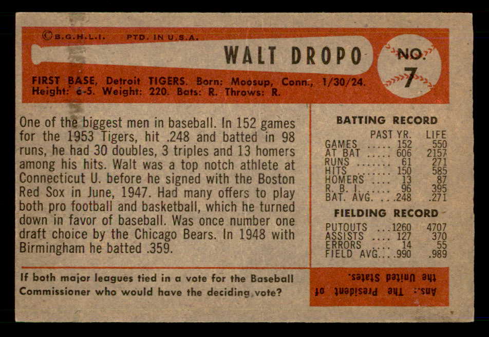 1954 Bowman Baseball #007 Walt Dropo Tigers EX-MT 557385
