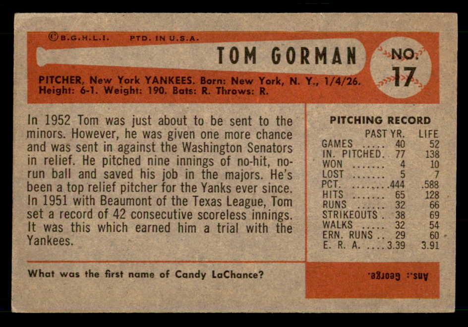 1954 Bowman Baseball #017 Tom Gorman Yankees EX-MT 557393