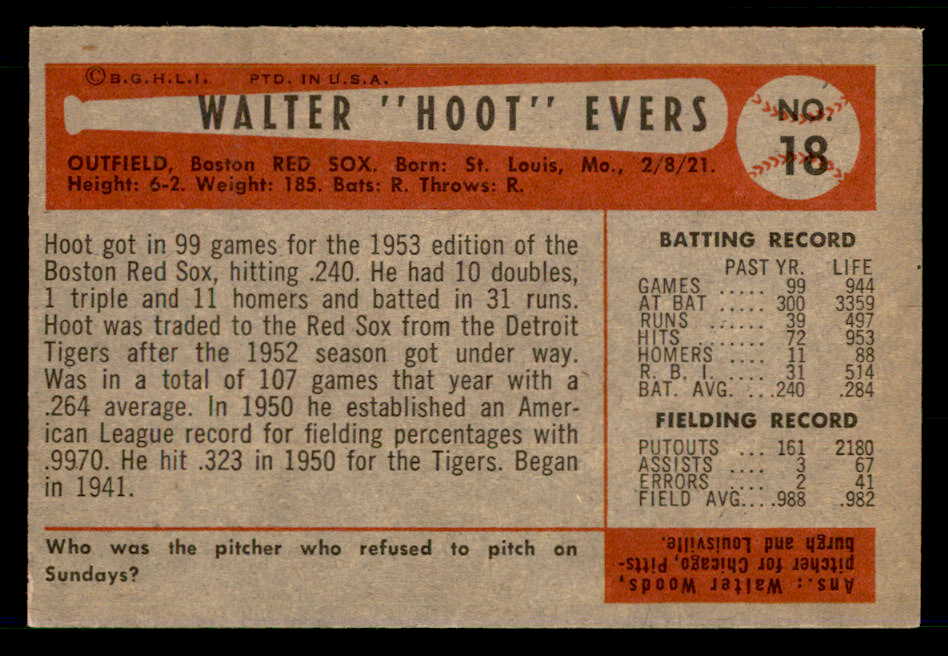 1954 Bowman Baseball #018 Hoot Evers Red Sox EX-MT 557394