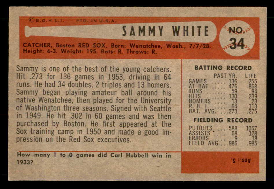 1954 Bowman Baseball #034 Sammy White Red Sox EX-MT 557404