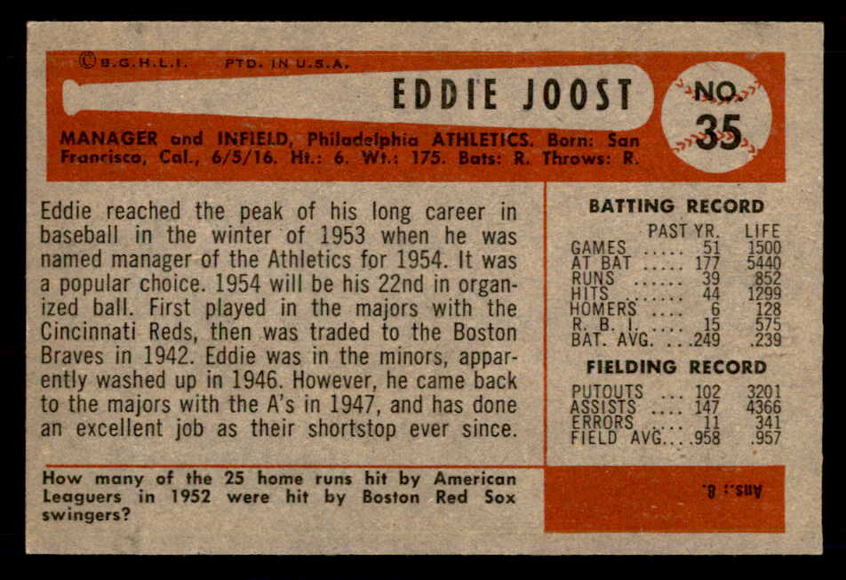 1954 Bowman Baseball #035 Eddie Joost A's EX-MT 557405