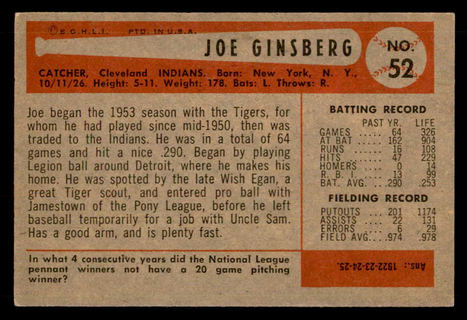 1954 Bowman Baseball #052 Joe Ginsberg Indians EX-MT 557417