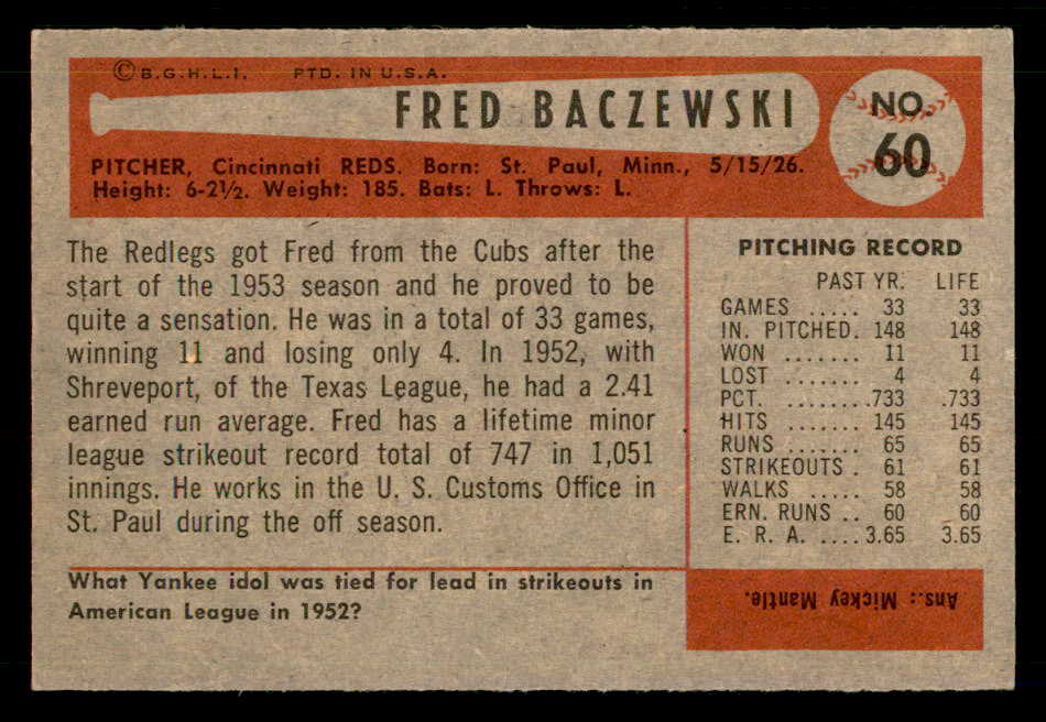 1954 Bowman Baseball #060 Fred Baczewski Reds EX-MT 557422