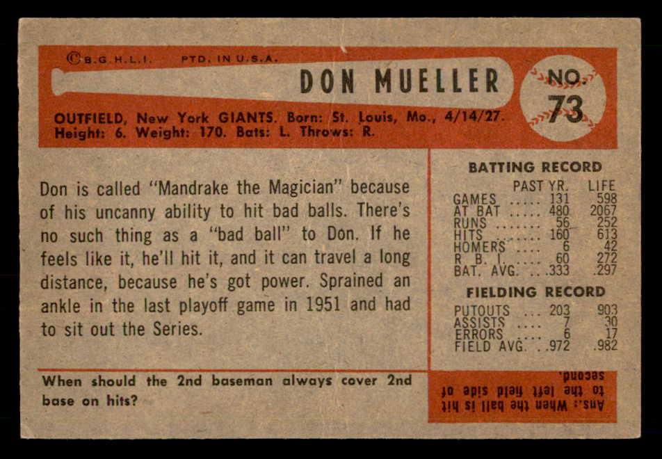1954 Bowman Baseball #073 Don Mueller Giants EX-MT 557430
