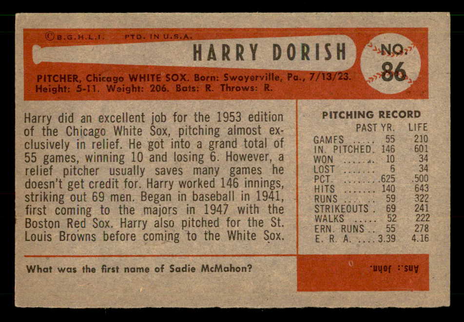 1954 Bowman Baseball #086 Harry Dorish White Sox EX 557438